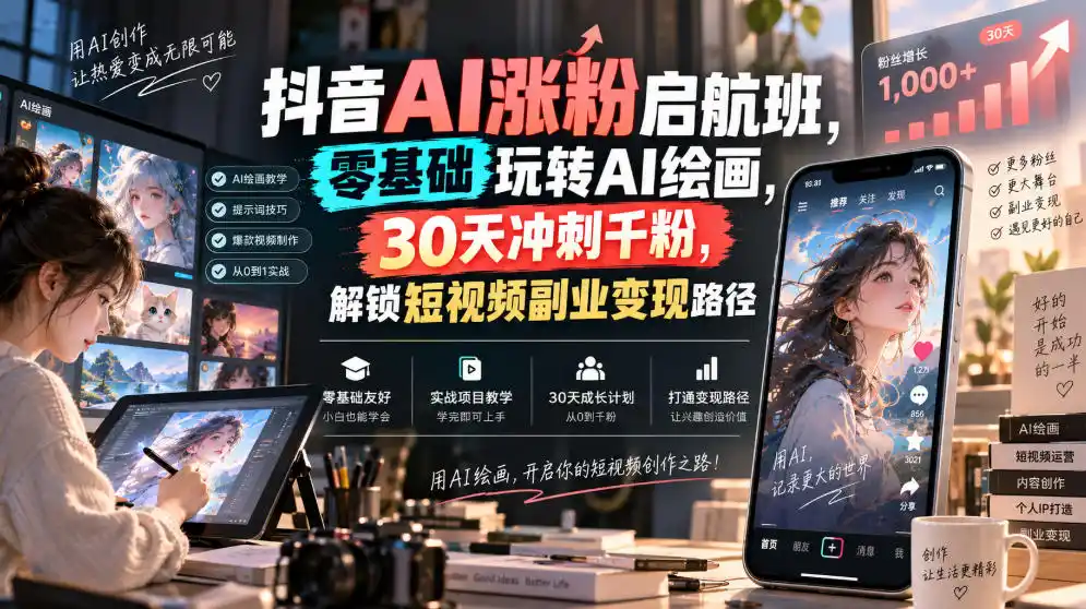 抖音AI涨粉启航班，零基础玩转AI绘画，30天冲刺千粉，解锁短视频副业变现路径-创享网