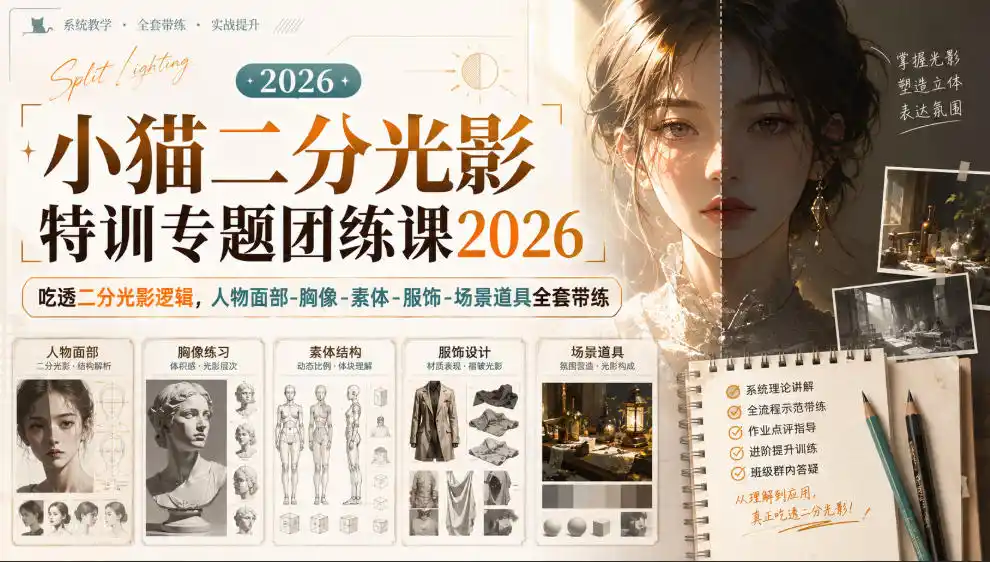 小猫二分光影特训专题团练课2026｜吃透二分光影逻辑，人物面部‑胸像‑素体‑服饰‑场景道具全套带练，高清画质附赠课件与笔刷-创享网
