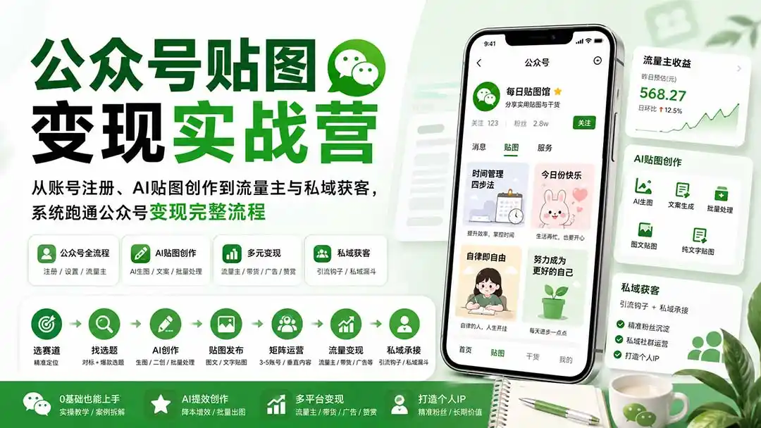 公众号贴图变现实战营：从账号注册、AI贴图创作到流量主与私域获客，系统跑通公众号变现完整流程-创享网