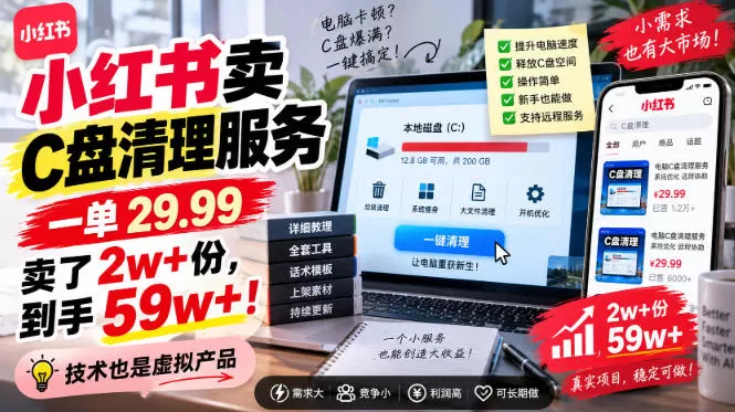 小红书卖C盘清理服务，一单29.99，卖了2w+份，技术也是虚拟产品 - 创享网-创享网