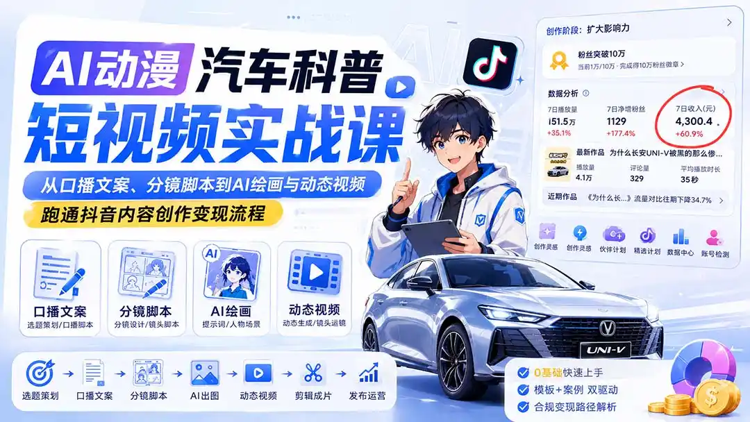 AI动漫汽车科普短视频实战课：从口播文案、分镜脚本到AI绘画与动态视频，跑通抖音内容创作变现流程-创享网