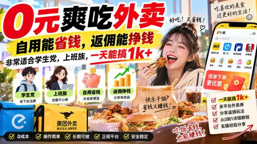 0元爽吃外卖，自用能省钱，返佣能挣钱，非常适合学生党，上班族，一天能搞1k+-创享网
