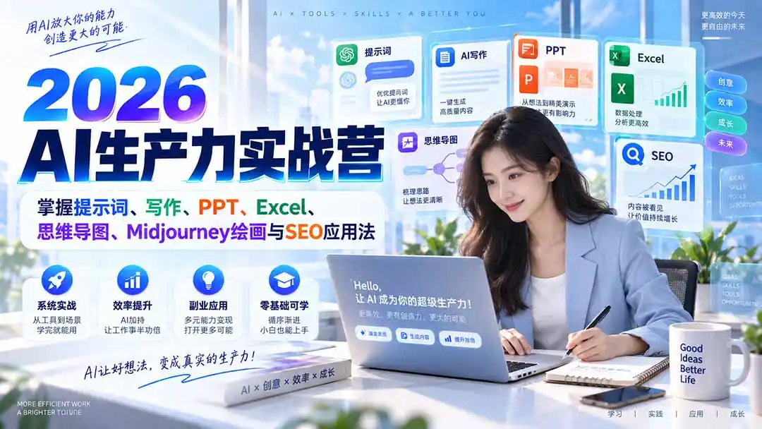 2026AI生产力实战营：掌握提示词、写作、PPT、Excel、思维导图、Midjourney绘画与SEO应用法-创享网