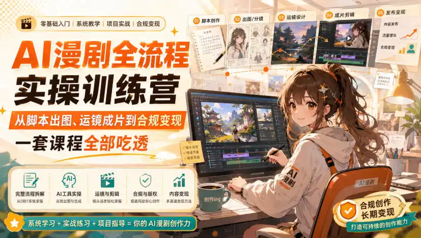 AI漫剧全流程实操训练营，从脚本出图、运镜成片到合规变现，一套课程全部吃透-创享网