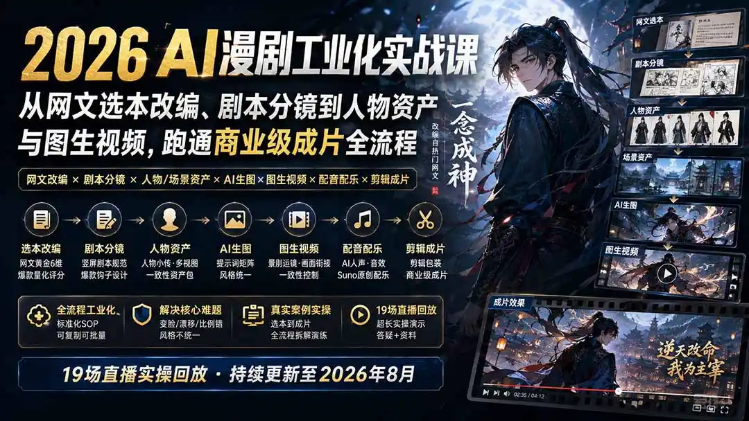 2026 AI漫剧工业化实战课-更新：从网文选本改编、剧本分镜到人物资产与图生视频，跑通商业级成片全流程-创享网