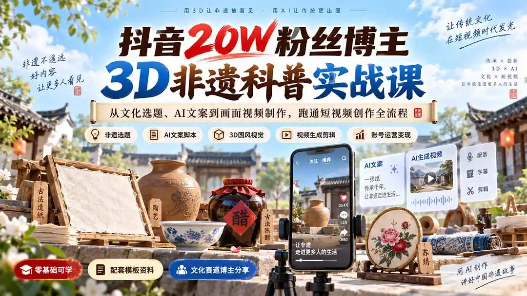 抖音20W粉丝博主3D非遗科普实战课：从文化选题、AI文案到画面视频制作，跑通短视频创作全流程-创享网