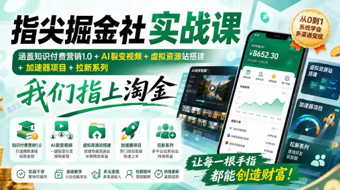 指尖掘金社实战课，涵盖知识付费营销1.0+AI裂变视频+虚拟资源站搭建+加速器项目+拉新系列，我们指上淘金！-创享网