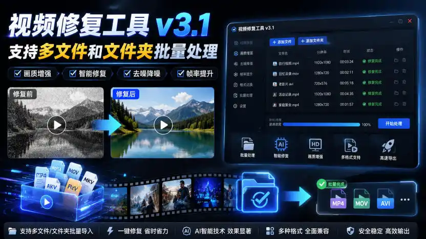 视频修复工具v3.1，支持多文件和文件夹批量处理 - 创享网-创享网