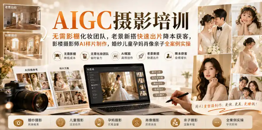 AIGC摄影培训｜无需影棚化妆团队，老景新搭快速出片降本获客，影楼摄影师AI样片制作，婚纱儿童孕妈肖像亲子全案例实操-创享网