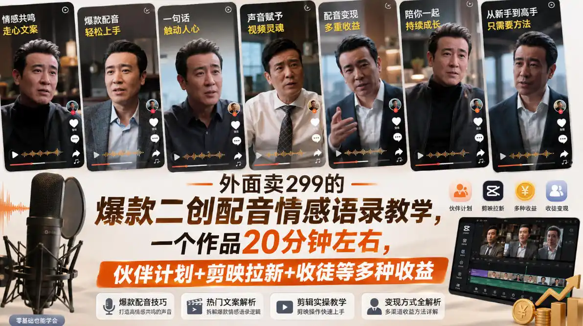 外面卖299的爆款二创配音情感语录教学，一个作品20分钟左右，伙伴计划+剪映拉新+收徒等多种收益-创享网