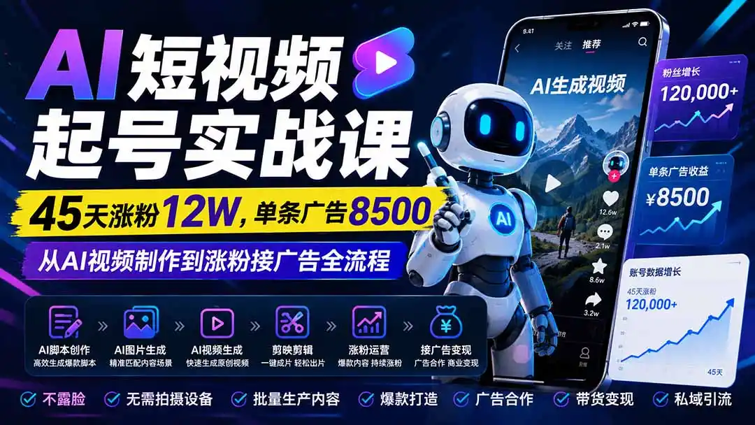 AI短视频起号实战课：45天涨粉12W，单条广告8500，从AI视频制作到涨粉接广告全流程-创享网