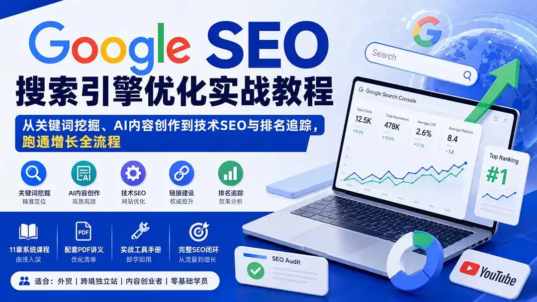 Google SEO搜索引擎优化实战教程：从关键词挖掘、AI内容创作到技术SEO与排名追踪，跑通增长全流程-创享网