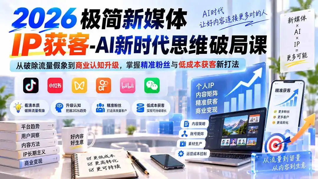 2026极简新媒体IP获客-AI新时代思维破局课：从破除流量假象到商业认知升级，掌握精准粉丝与低成本获客新打法-创享网