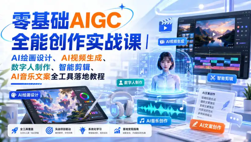 零基础AIGC全能创作实战课｜AI绘画设计、AI视频生成、数字人制作、智能剪辑、AI音乐文案全工具落地教程 - 创享网-创享网