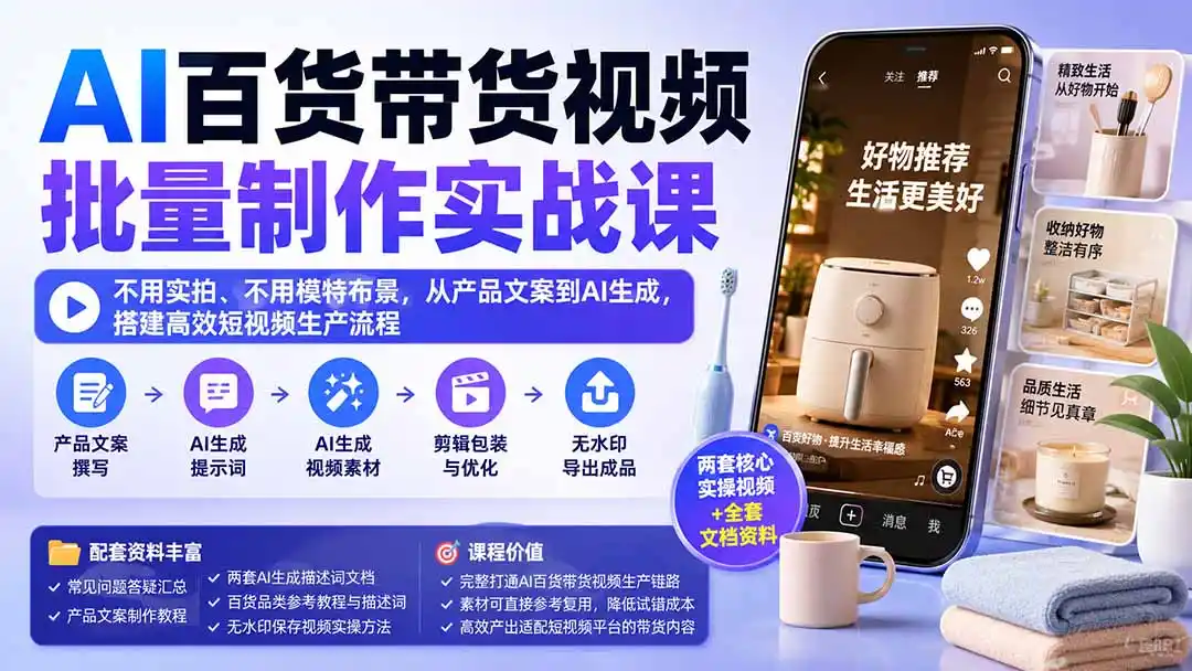 AI百货带货视频批量制作实战课：不用实拍、不用模特布景，从产品文案到AI生成，搭建高效短视频生产流程-创享网