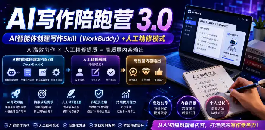 AI写作陪跑营3.0，Ai智能体创建写作skill(workbuddy)+人工手写模式(手搓模式)，去除AI痕迹(头条号、公众号、百家号)(更新0907)-创享网