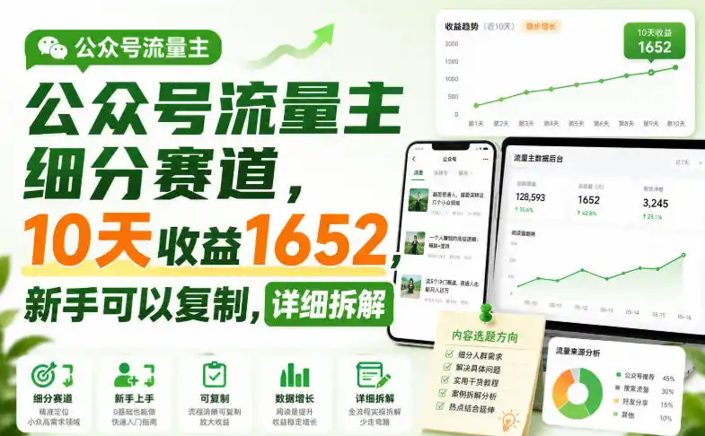 公众号流量主细分赛道，10天收益1652，新手可以复制，详细拆解 - 创享网-创享网