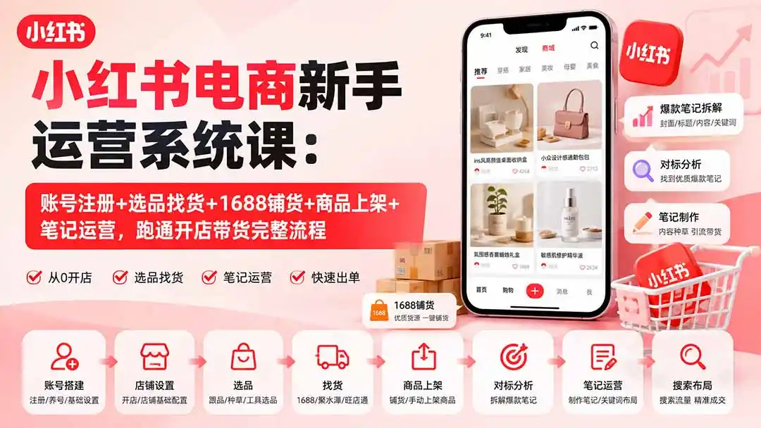 小红书电商新手运营系统课：账号注册+选品找货+1688铺货+商品上架+笔记运营，跑通开店带货完整流程-创享网