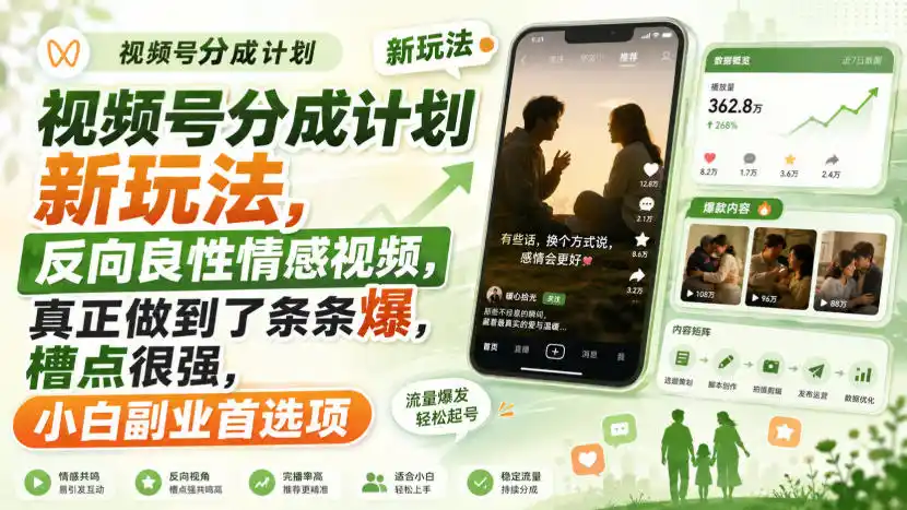视频号分成计划新玩法，反向良性情感视频，真正做到了条条爆，槽点很强，小白副业首选项 - 创享网-创享网