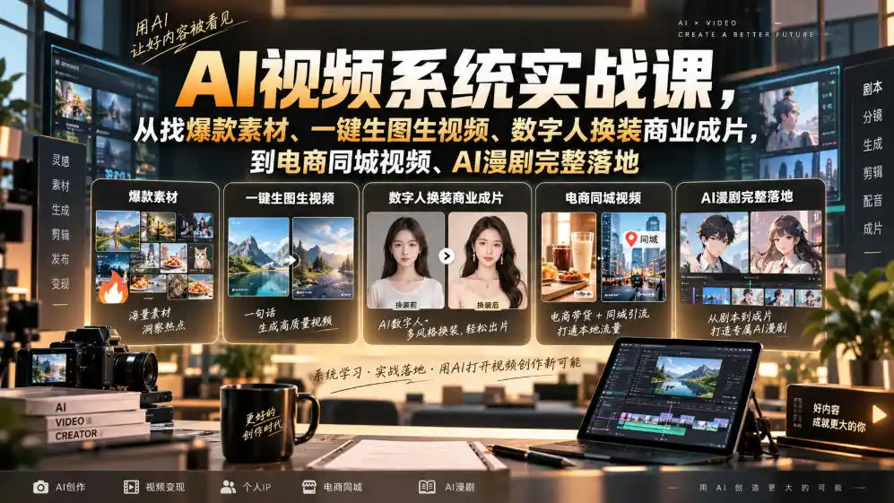 AI视频系统实战课，从找爆款素材、一键生图生视频、数字人换装商业成片，到电商同城视频、AI漫剧完整落地-创享网