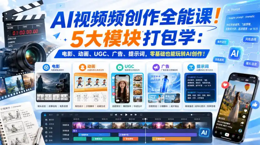 AI视频频创作全能课！5大模块打包学：电影、动画、UGC、广告、提示词，零基础也能玩转AI创作！【原创双语字幕】-创享网