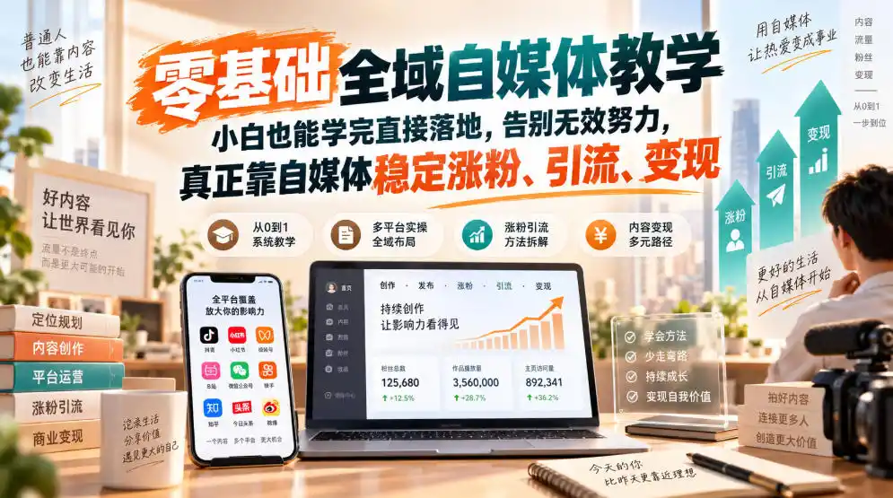 零基础全域自媒体教学，小白也能学完直接落地，告别无效努力，真正靠自媒体稳定涨粉、引流、变现-创享网