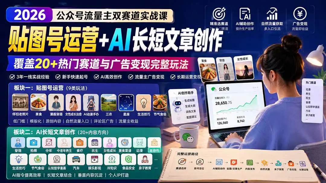 公众号流量主双赛道实战课：贴图号运营+AI长短文章创作，覆盖20+热门赛道与广告变现完整玩法 - 创享网-创享网