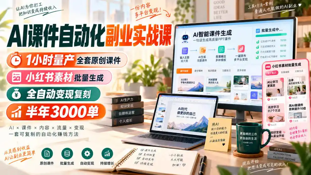 AI课件自动化副业实战课，1小时量产全套原创课件，小红书素材批量生成，全自动变现复刻，半年3000单 - 创享网-创享网