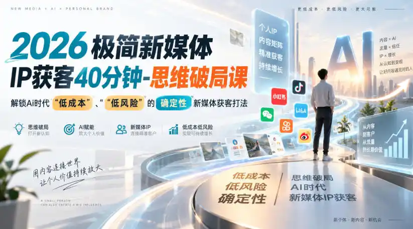 2026极简新媒体IP获客40分钟-思维破局课，解锁Ai时代“低成本”、“低风险”的确定性新媒体获客打法 - 创享网-创享网