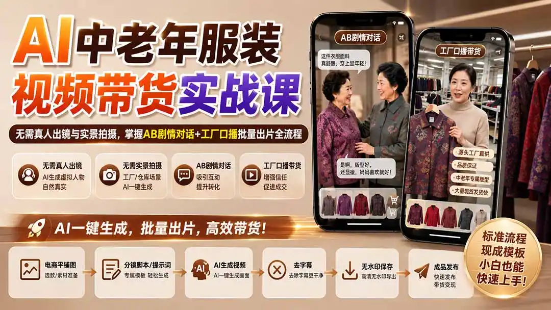 AI中老年服装视频带货实战课：无需真人出镜与实景拍摄，掌握AB剧情对话+工厂口播批量出片全流程-创享网
