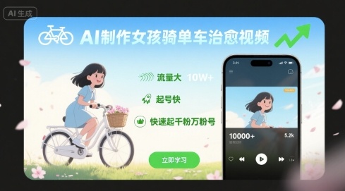 AI制作女孩骑单车治愈视频，流量大，起号快，快速起千粉万粉号 - 创享网-创享网