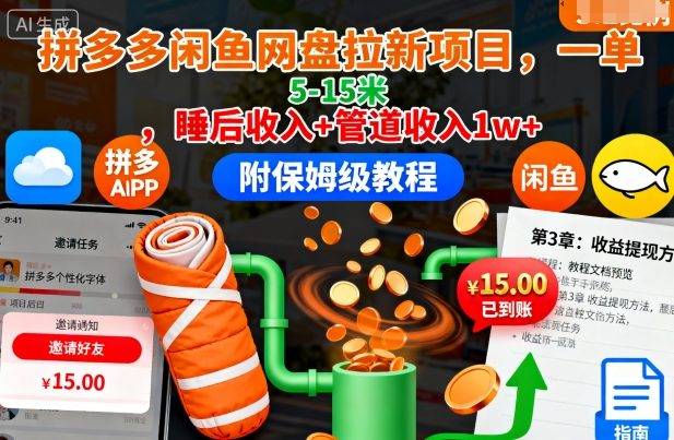 拼多多闲鱼网盘拉新项目,一单5-15米,睡后收入+管道收入1w+(附保姆级教程)-创享网