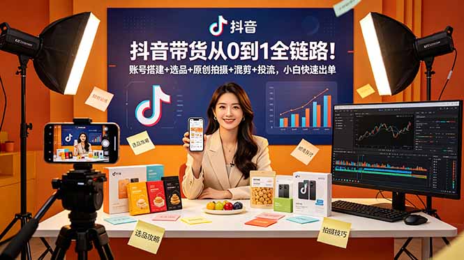 抖音带货从0到1全链路！账号搭建+选品+原创拍摄+混剪+投流，小白快速出单-创享网