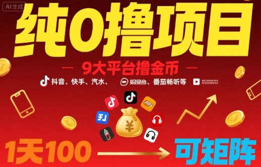 纯0撸项目，9大平台撸金币，抖音，快手，汽水，番茄畅听等，1天100，可矩阵 - 创享网-创享网