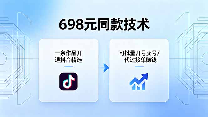 698元同款技术：一条作品开通抖音精选，可批量开号卖号，也可代过接单赚钱-创享网
