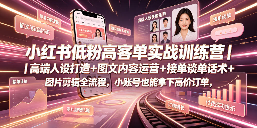 小红书低粉高客单实战训练营｜高端人设打造+图文内容运营+接单谈单话术+图片剪辑全流程，小账号也能拿下高价订单 - 创享网-创享网