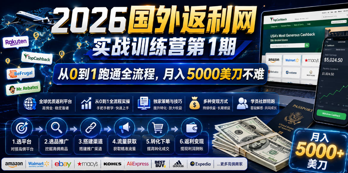 2026国外返利网实战变现营-第一期，从零拆解项目逻辑与流程，跑通完整变现链路，月入5000美金-创享网