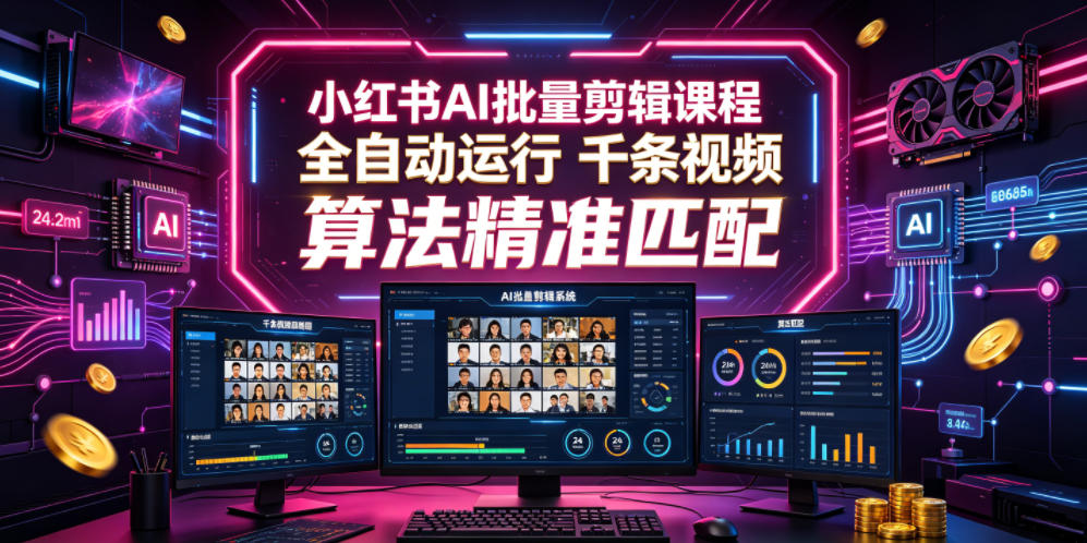 小红书AI批量剪辑课程，24小时全自动运行，解放双手专注运营，千条视频批量处理，小红书算法精准匹配-创享网