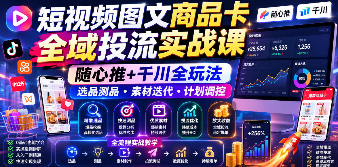 短视频图文商品卡全域投流实战课，随心推+千川全玩法，选品测品・素材迭代・计划调控，提升ROI爆单增收教程-创享网