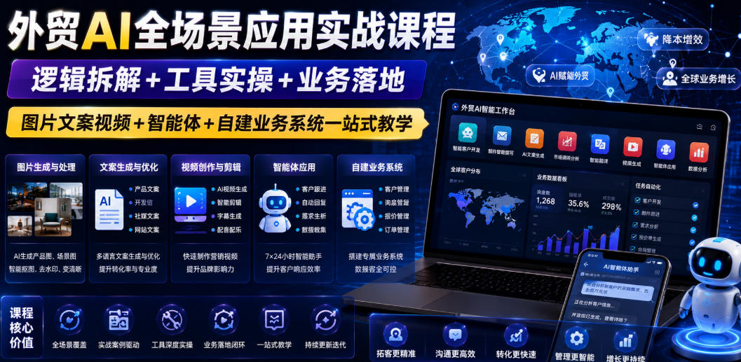 外贸AI全场景应用实战课程｜逻辑拆解+工具实操+业务落地，图片文案视频+智能体+自建业务系统一站式教学 - 创享网-创享网