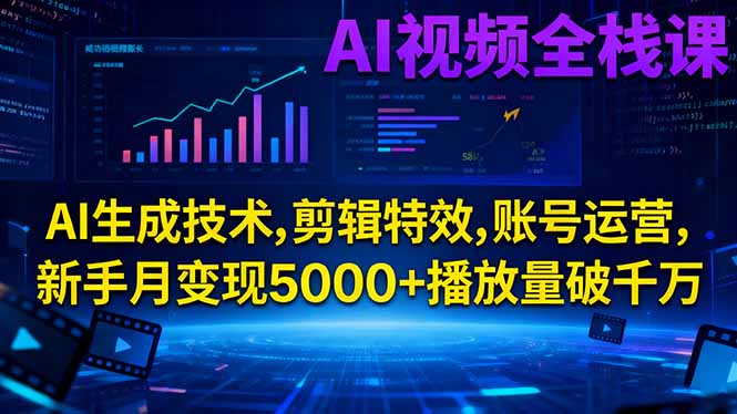 AI视频全栈课:AI生成技术,剪辑特效,账号运营,新手月变现5000+播放量破千万-创享网