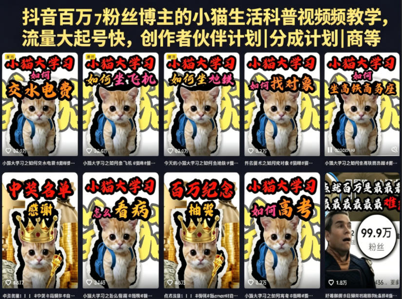 抖音百万粉丝博主的小猫生活科普视频教学，流量大起号快，创作者伙伴计划|分成计划|商单|收徒等-创享网