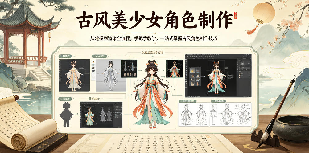 古风美少女角色制作，从建模到渲染全流程，手把手教学，一站式掌握古风角色制作技巧-创享网