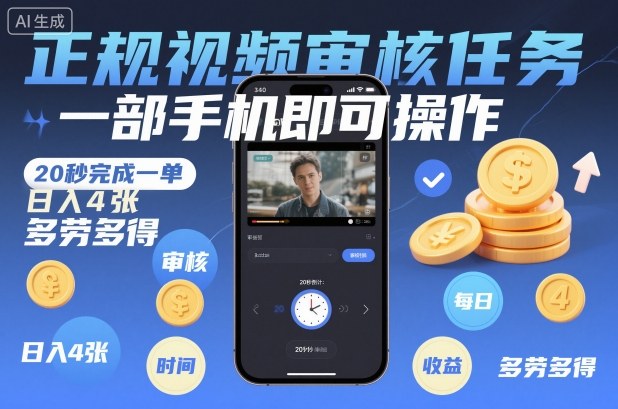 正规视频审核任务,一部手机即可操作,20秒完成一单,日入4张,多劳多得【揭秘】-创享网