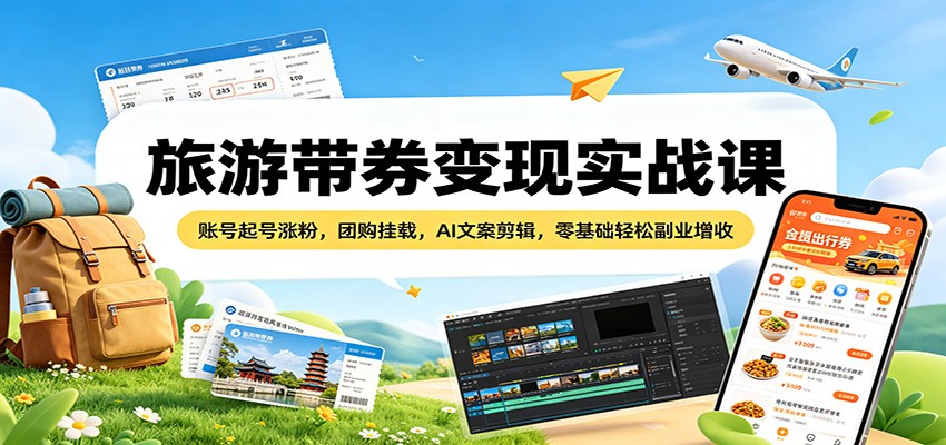 旅游带券变现实战课：账号起号涨粉，团购挂载，AI文案剪辑，零基础轻松副业增收-创享网