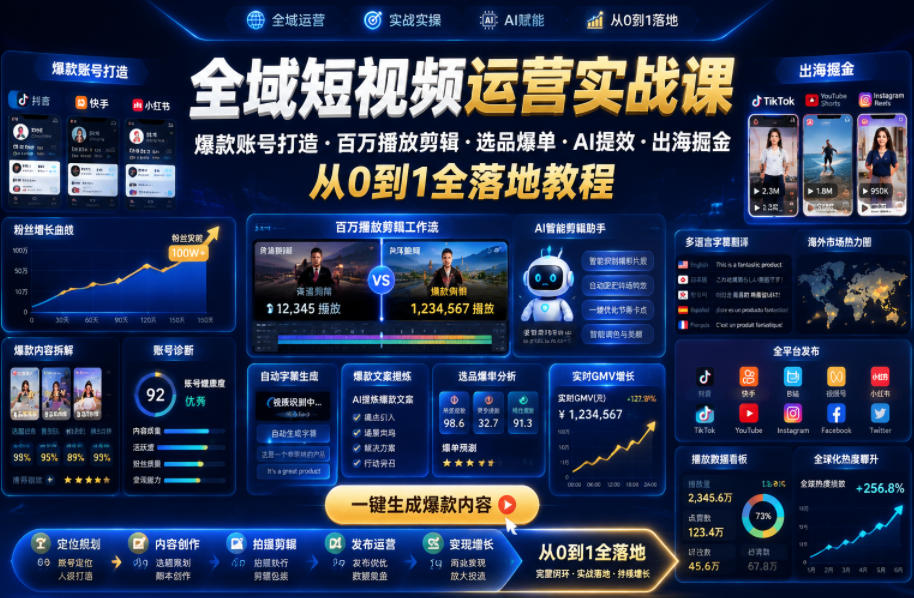 全域短视频运营实战课，爆款账号打造・百万播放剪辑・选品爆单・AI提效・出海掘金，从0到1全落地教程-创享网