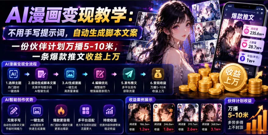 做漫画推文写提示词耗时长？AI一键生成脚本文案，双收益渠道单条爆款破万收入-创享网