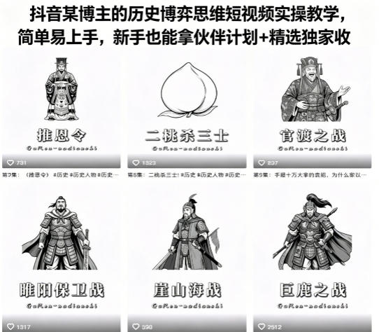 抖音某博主的历史博弈思维短视频实操教学，简单易上手，新手也能拿伙伴计划+精选独家收益-创享网