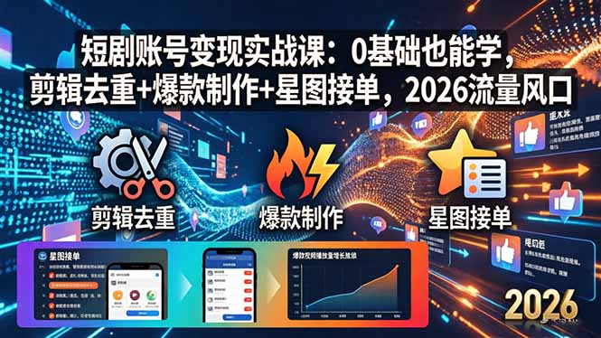 短剧账号变现实战课：0基础也能学，剪辑去重+爆款制作+星图接单，2026流量风口-创享网