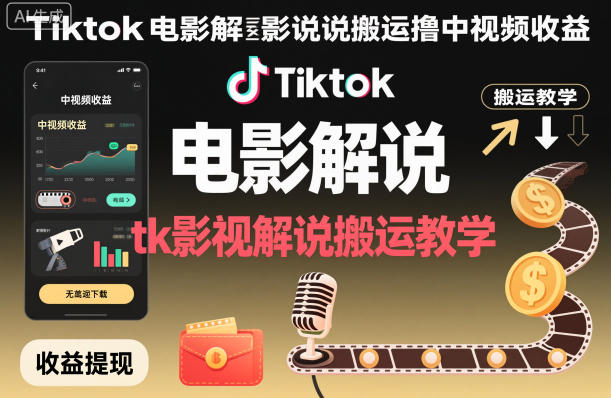 Tiktok电影解说搬运撸中视频收益，tk影视解说搬运教学-创享网